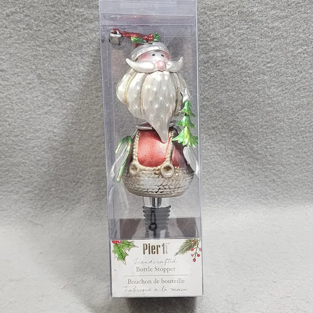 Handcrafted Santa Clause Metal Holiday Wine Bottle Stopper Topper Pier 1 NIP